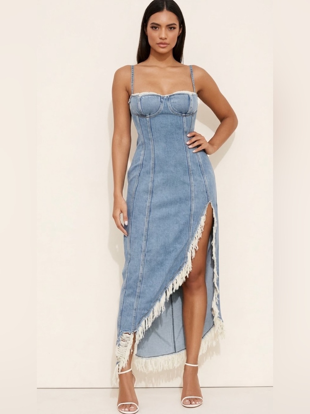 Good American Blue Denim Asymmetrical Distressed Maxi Dress